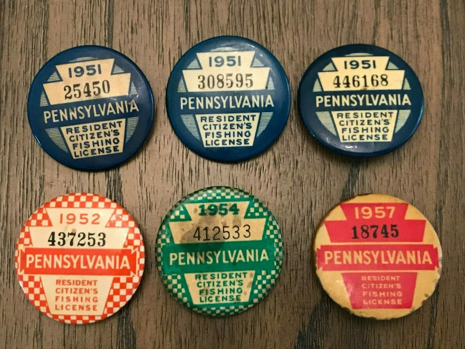 Six Pennsylvania Resident Citizens Fishing License Buttons 1951, 52, 54, 57 Pin