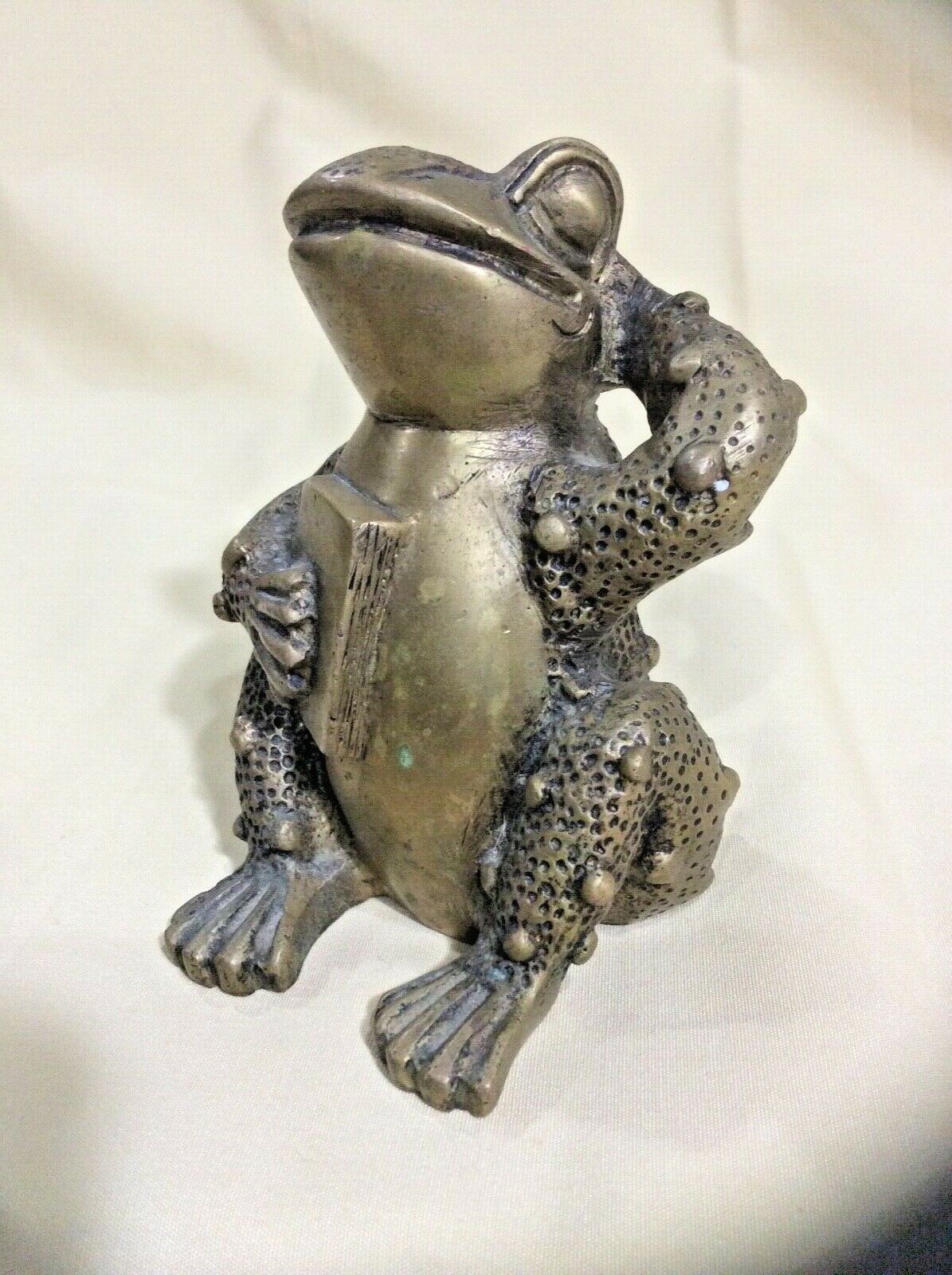 Rare  Vintage  Brass Frog  Figurine  With Book   Heavy   4.5" High    A++