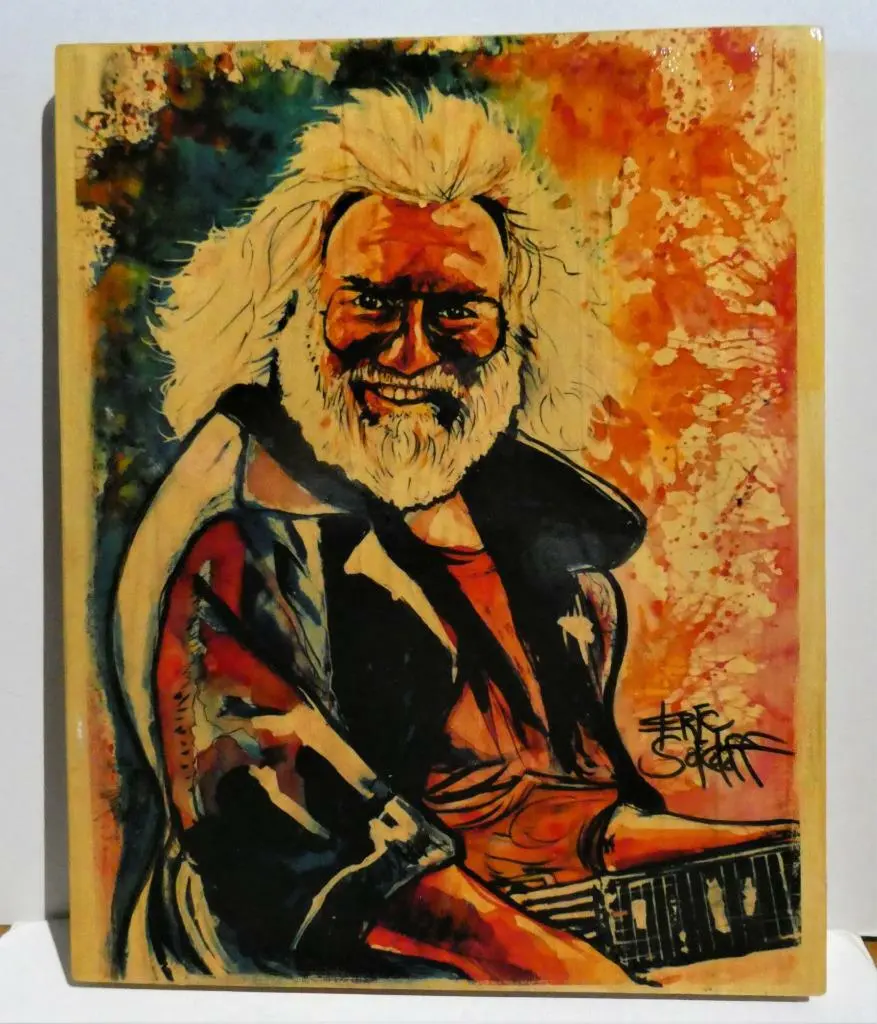 Vtg.grateful Dead -jerry Garcia Art Print On Wooden Board-signed Eric Sokoloff