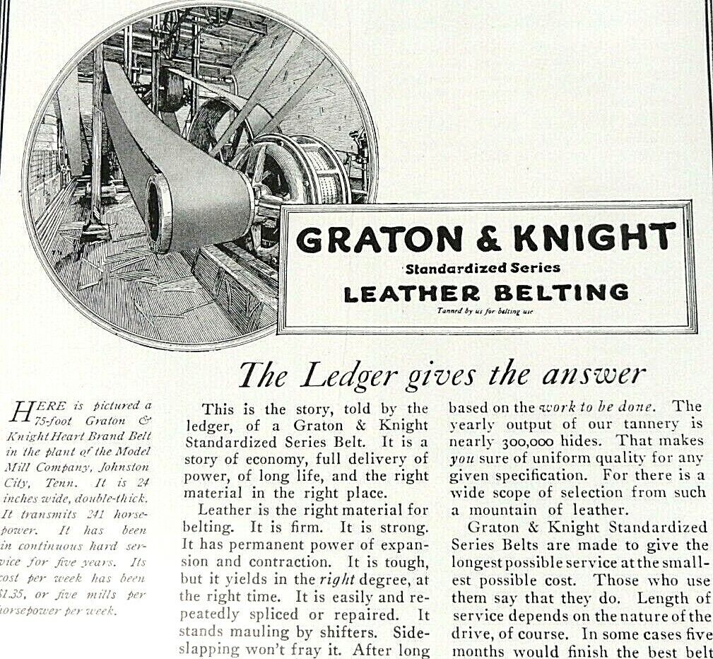 1919 Graton & Knight Print Ad - Industrial Standardized Leather Belts - May 1919