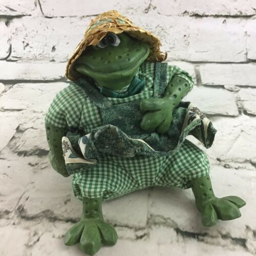 Vintage Russ Berrie The Country Folk Ceramic Frog In Green Dress Straw Hat Decor
