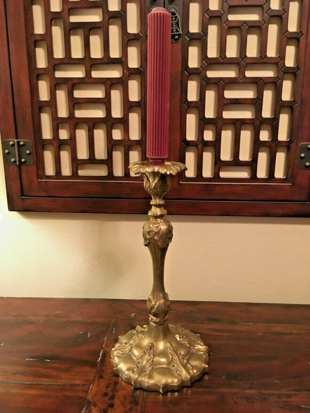 Antique Large 13" Heavy Brass Ornate Rococo Candle Stick~7" Base~weighs 54.8 Oz!