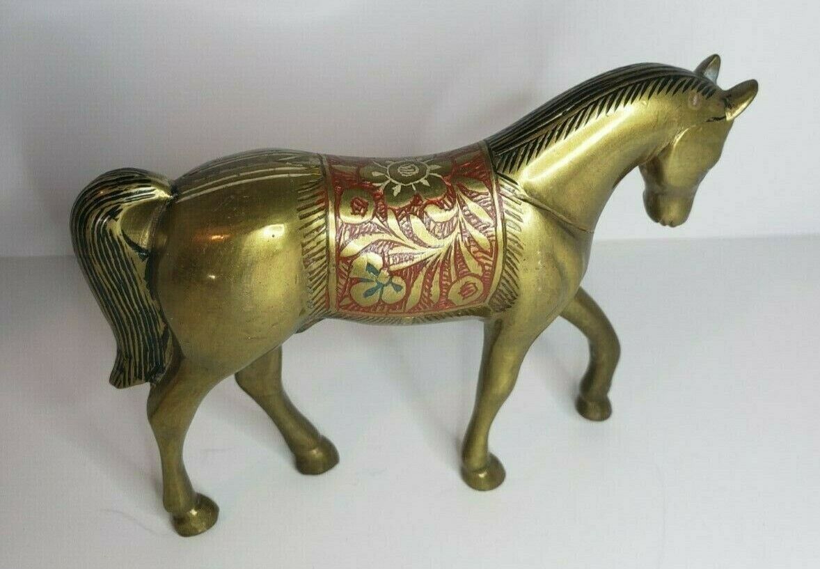 Vintage Solid Brass Horse 4.5" Figurine  Hand Forged Engraving