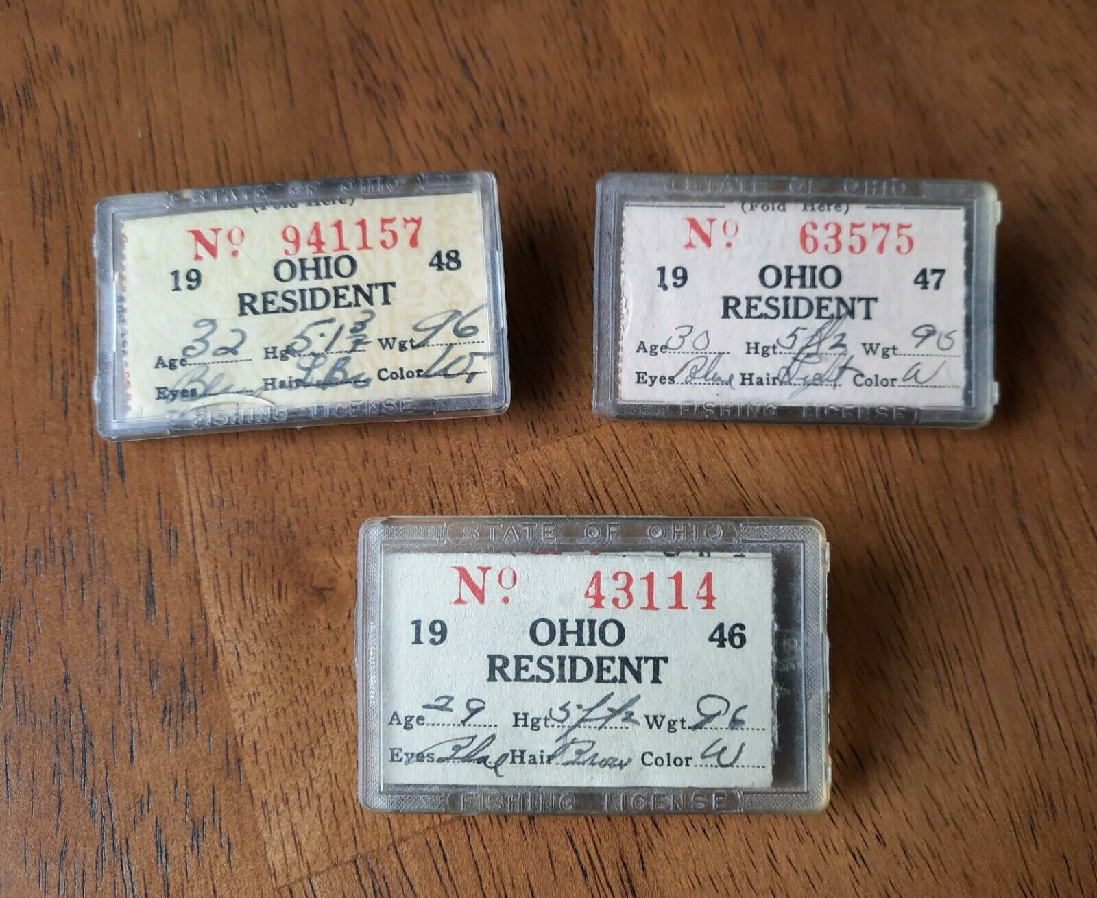 Vintage 1946, 1947, & 1948 Ohio Fishing Licenses In Original Holders.
