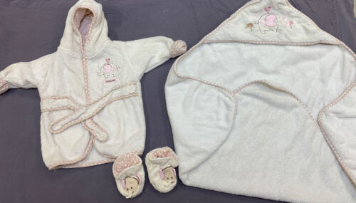 Baby Girl Just Born Naturals Elephant Bath Robe Hooded Towel Slippers 0-9 Month