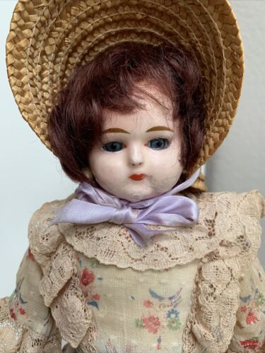 Antique Wax Over Papier Mache Glass Eyes 13” Victorian Doll Great Dress