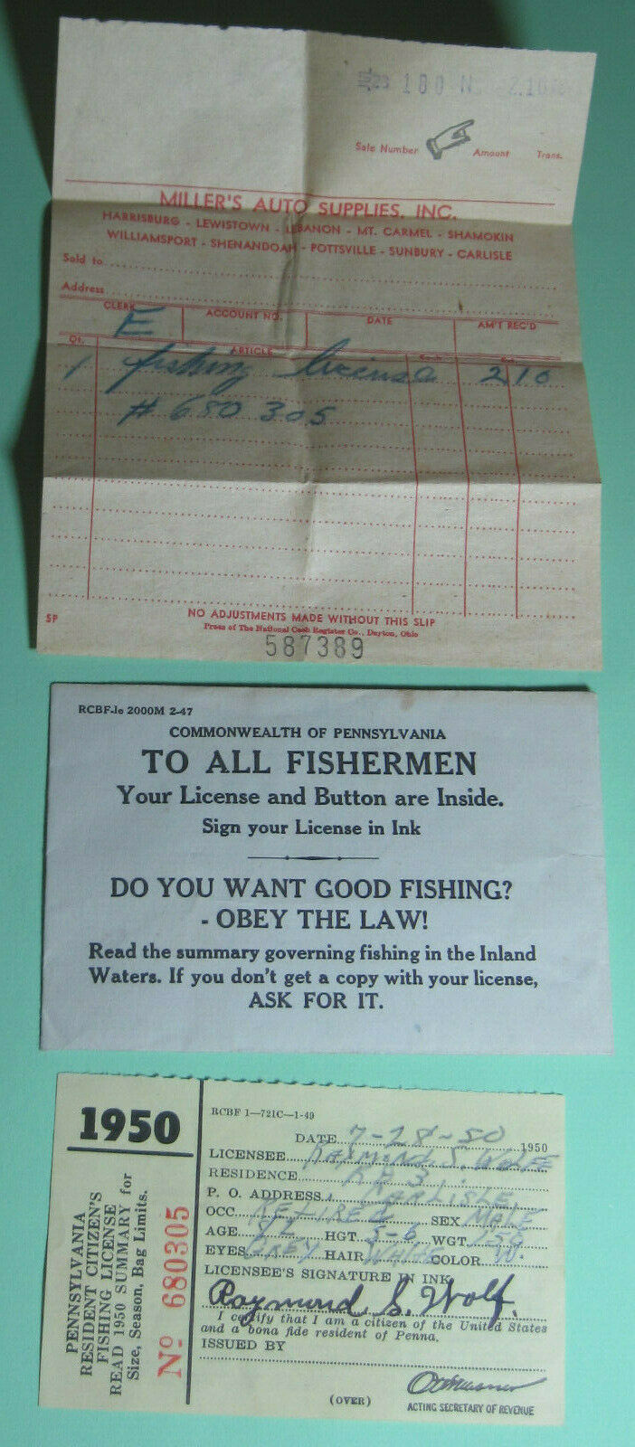 1950 Carlisle Pennsylvania 3 Piece Resident Fishing License Vintage Conservation