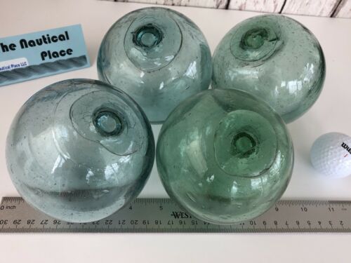 4” Japanese Glass Fishing Floats - Lot Of 4 - Blue, Green, Aqua - Vintage Buoy