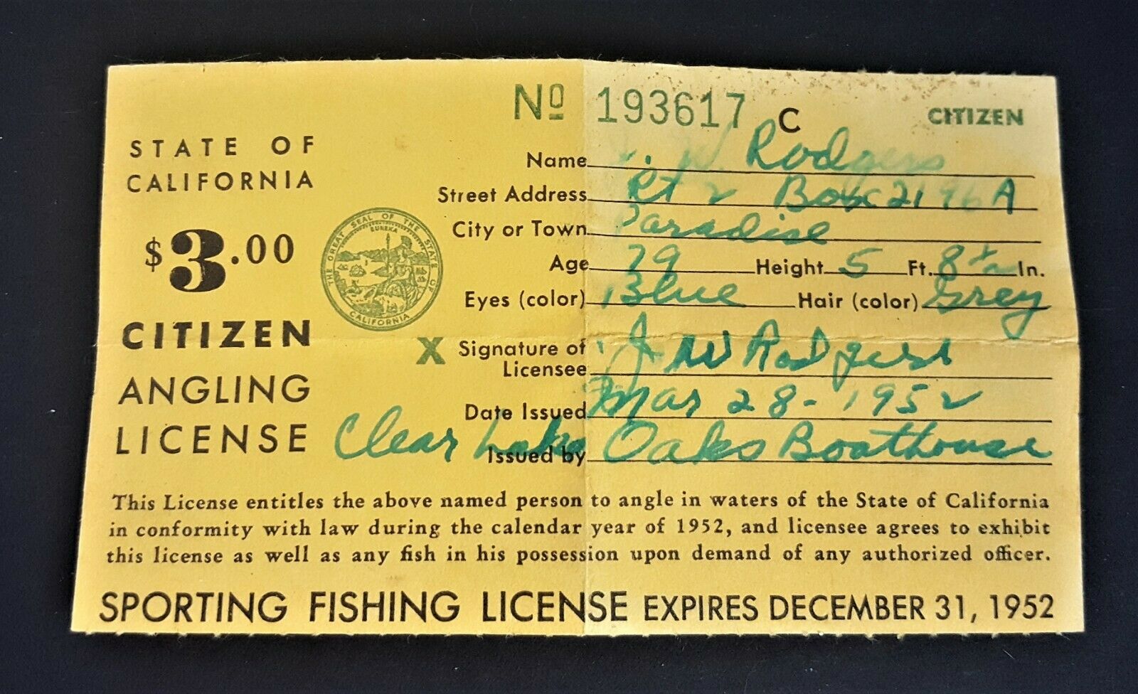 Vintage 1952 California State Citizen Fishing Angling License Paper