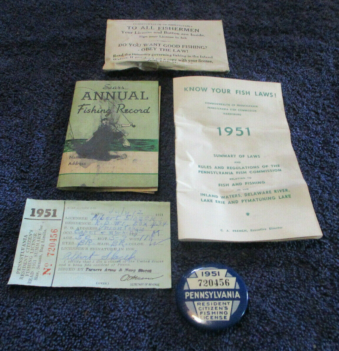 1951 Pennsylvania Fishing License Lot License Button, Laws, And More - #wd