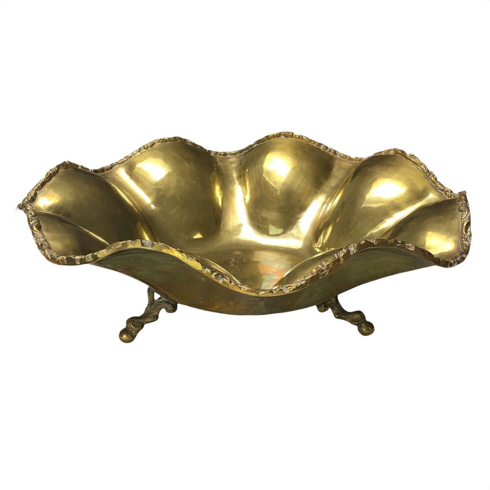 Vintage Mid Century Modern Brass Footed Bowl 15” Centerpiece Hollywood Regency